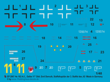 Peddinghaus-Decals 1:48 2967 He 162 A-2 " Gelbe 11" Oblt. Emil Demuth, Staffelkapitän der 3. Staffel des JG 1