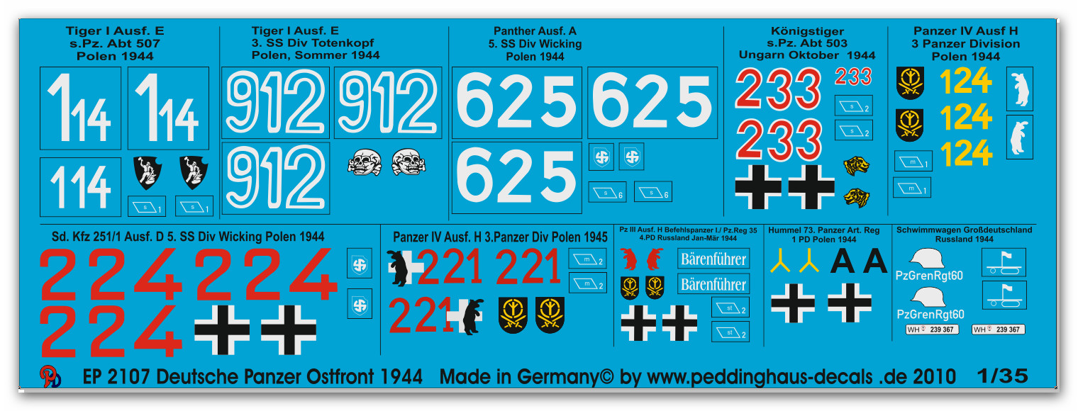 HO Peddinghaus 1/87 German Tank Turret Numbers WWII Blue/White Red/Black 3222 