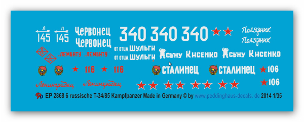Peddinghaus-Decals 1:35 2868 markings for 6 russian T 34 /85 tanks