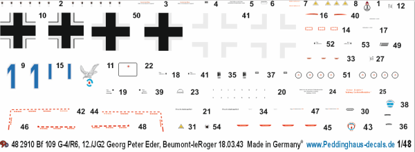 Peddinghaus-Decals 1:48 2910 BF 109 G-4/R6. 12./JG 2 Georg Peter Eder, Beumont-le-Roger 18.03.43