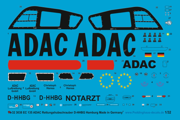 Peddinghaus-Decals 1:32  3038 EC 135 ADAC Rettungshubschrauber Hamburg