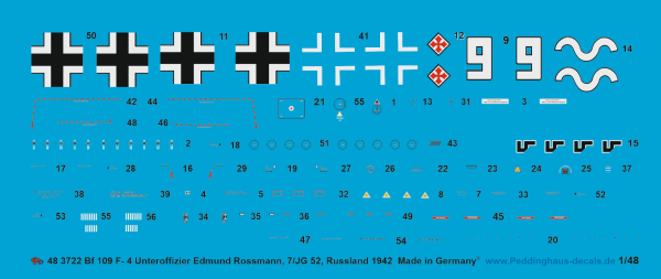 Peddinghaus-Decals 1/48 3722 Bf 109 F-4 Unteroffizier Edmund Rossmann, 7/JG 52, Russland 1942