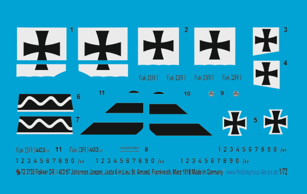 Peddinghaus-Decals 1:72 3730 Fokker DR.I  Johannes Janzen, Jasta 6 in Lieu St. Amand, Frankreich , März 1918