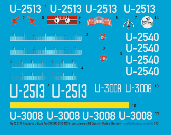 Peddinghaus-Decals 1:72 3731 3 deutsche U-Boot Typ XXI  2513-2540-3008 in deutschen und US Diensten3