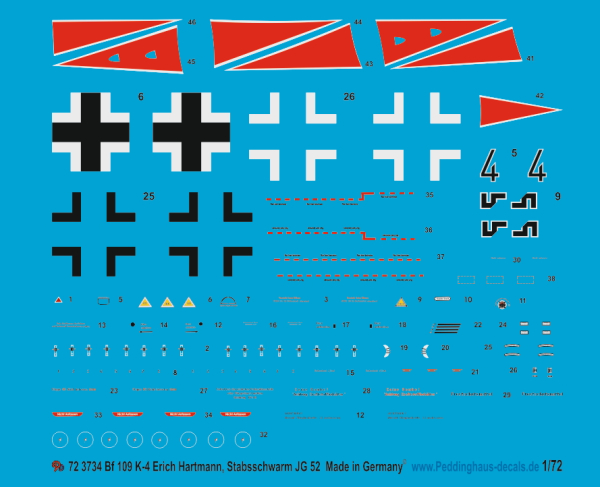 Peddinghaus-Decals 1:72 3734  Bf 109 K-4 Erich Hartmann, Stabsschwarm JG 52 1944