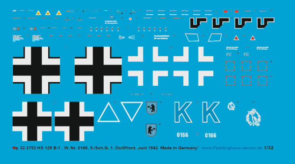 Peddinghaus-Decals 1/32 3752 HS 129 B-1. W.Nr. 0166 , 5./Sch.G 1, Ostfront, Juni 1942