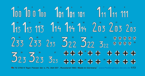 Peddinghaus-Decals 1:72 3760 9 Tiger Panzer der s. Pz. Abt 507, Russland 1943-1944