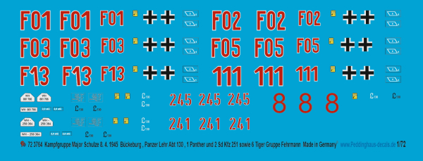 Peddinghaus-Decals 1:72 3764 Kampfgruppe Major Schulze 8.4.1945 Bückeburg, Pz. Lehr Abt 130, 1 Panther udn2 Sd Kfz 251 sowie 6 Tiger Gruppe Fehrmann