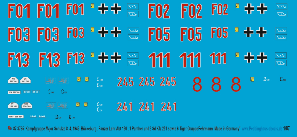 Peddinghaus-Decals 1/87 3765 Battlegroup Major Schulze 8.4.1945 Bückeburg, Pz. Lehr Abt 130, 1 Panther and 2 Sd Kfz 251 aswell 6 Tiger Group Fehrmann