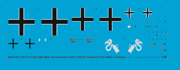 Peddinghaus-Decals 1/48 3767 LVG C.VI FA(A) 286b Werk-/Seriennummer 4039 & 1589/18 , Frankreich , 1918