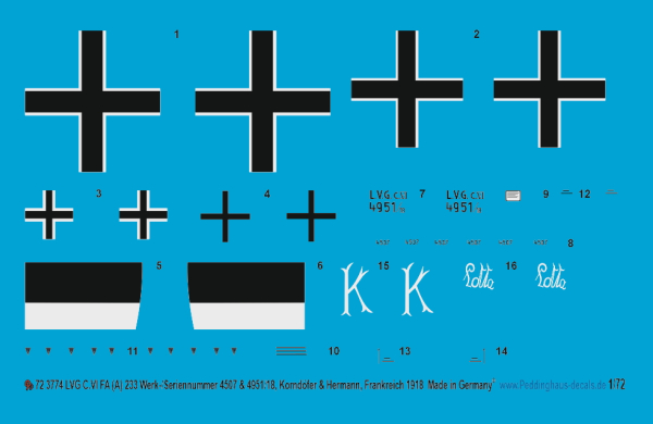 Peddinghaus-Decals 1/72 3774 LVG C.VI FA (A) 233 Werk-/Seriennummer 4507 & 4951 /18,  Korndöfer & Hermann, Frankreich 1918