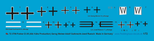 Peddinghaus-Decals 1/72 3799 Fokker D.VII (ALB frühe Production) Gerog Weiner- Adolf Gutknecht-Joesf Raesch
