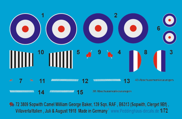Peddinghaus-Decals 1/72 3809 Sopwith Camel William George Barker, 139 Sqn. RAF,bB6313, (Sopwith, Clerget 9Bf), Villaverla/Italien Juli/August 1918