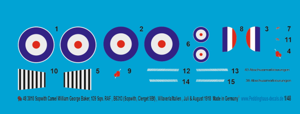 Peddinghaus-Decals 1/48 3810 Sopwith Camel William George Barker, 139 Sqn. RAF,bB6313, (Sopwith, Clerget 9Bf), Villaverla/Italien Juli/August 1918