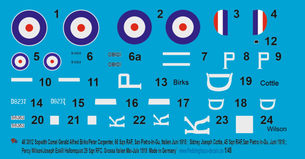 Peddinghaus-Decals 1/48 3812 Sopwith CamelGerald Alfred Birks/ Peter Carpenter, Sidney Joseph cottle-Percy Wilson/Josef Eskill Hallonquist