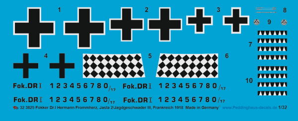 Peddinghaus-Decals 1:32 3825 Fokker Dr. I Hermann Frommherz, Jasta2/ Jagdgeschwader III, Frankreich , 1918