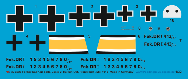 Peddinghaus-Decals 1:32 3826 Fokker Dr.I Karl Bolle, Jasta 2, Halluin-Ost, Frankreich 1918
