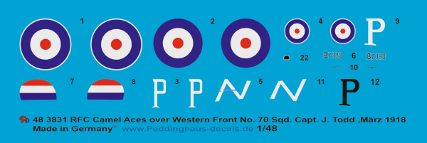 Peddinghaus-Decals 1:48 3831 Sopwith Camel RFC  Capt. J. Todd, No 70 Sqn, Western Front , März 1918