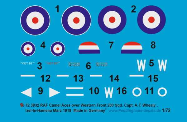 Peddinghaus-Decals 1:72 3832 Sopwith Camel RAF  Capt. A.T. Whealy, No 203 Sqn, Western Front , Mai 1918, Izel-les-Hameau