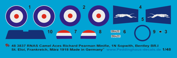 Peddinghaus-Decals 1:48 3837 Sopwith Camel RNAS  Richard Pearman Minifie, 1N Sopwith,Bentley BR.I, St. Eloi, Frankeich, März 1918