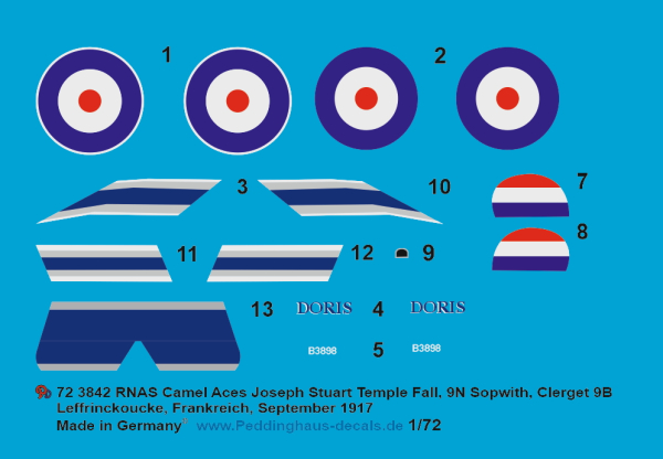 Peddinghaus-Decals 1:72 3842  Sopwith Camel RNAS Joseph Stuart Temple Fall, 9N, B3898, ( sopwith, Clerget 9B), Leffrinckoucke-Frankreich, September 1917