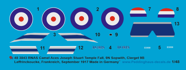 Peddinghaus-Decals 1:48 3843  Sopwith Camel RNAS Joseph Stuart Temple Fall, 9N, B3898, ( sopwith, Clerget 9B), Leffrinckoucke-Frankreich, September 1917
