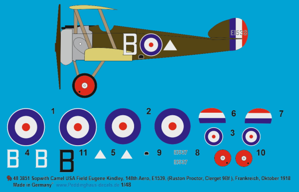 Peddinghaus-Decals 1:48 3851 Sopwith Camel USA Field Eugene Kindley, 148th Aero, E1539, ( Ruston Protor, Clerget 9Bf )Frankreich, Oktober 1918