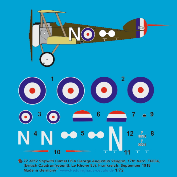 Peddinghaus-Decals 1:72 3852 Sopwith Camel USA George Augustus Vaughn, 17th Aero, F6034 ( British Caudron (rebuilt), Le Rhone 9J), Frankreich, September 1918