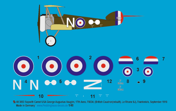 Peddinghaus-Decals 1:48 3853 Sopwith Camel USA George Augustus Vaughn, 17th Aero, F6034 ( British Caudron (rebuilt), Le Rhone 9J), Frankreich, September 1918
