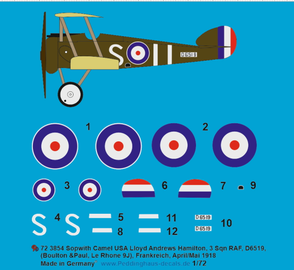 Peddinghaus-Decals 1:72 3854 Sopwith Camel USA , Lloyd Andrews Hamilton 3 Sqn RAF, D6519, (Boulton & Paul, Le Rhone 9J),Frankreich, April/Mai 1918