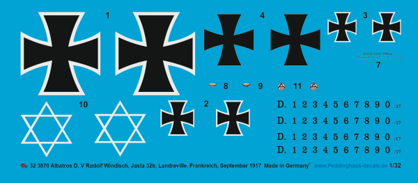 Peddinghaus-Decals 1:32 3870 Albatros D.V Rudolf Windisch, Jasta 32b, Landreville, Frankreich, September 1917