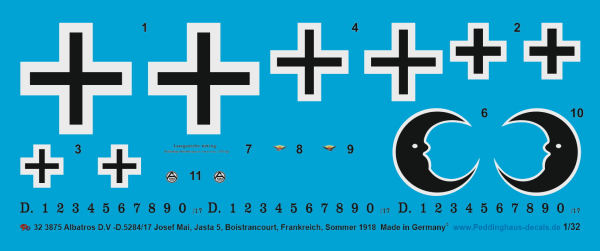 Peddinghaus-Decals 1:32 3875 Albatros D.V , D.5284/17 Josef Mai, Jasta 5 , Boistrancourt, Frankeich, Sommer 1918