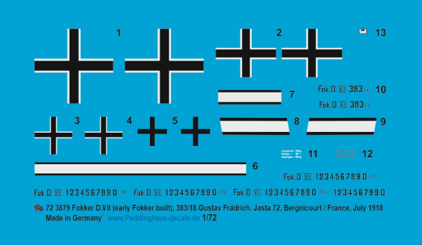 Peddinghaus-Decals 1:72 3879 Fokker D.VII (early Fokker built), 383/18 Gustav Frädrich, Jasta 72, Bergnicourt/France, July 1918