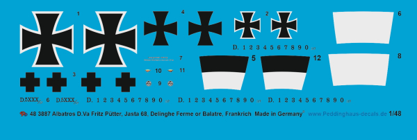 Peddinghaus-Decals 1:48 3887 Albatros D.Va Fritz Pütter, Jasta 68, Delinghe,Ferme or Balatre,Frankreich