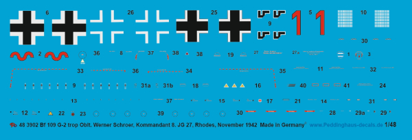 Peddinghaus-Decals 1:48 3902 Bf 106G-2 trop, Oblt. Werner Schroer, Co 8/ JG 27, Rhodes November 1942