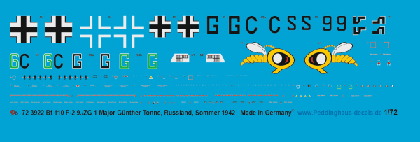 Peddinghaus-Decals 1:72 3922 Me 110 F-2 9./ZG 1 Major Güther Tonne Russland Sommer 1942