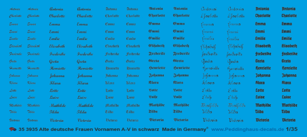 Peddinghaus-Decals 1:35 3935 old german woman names A-V in black in different fonds