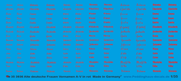 Peddinghaus-Decals 1:35 3936 old german woman namesA-V in red in different fonds