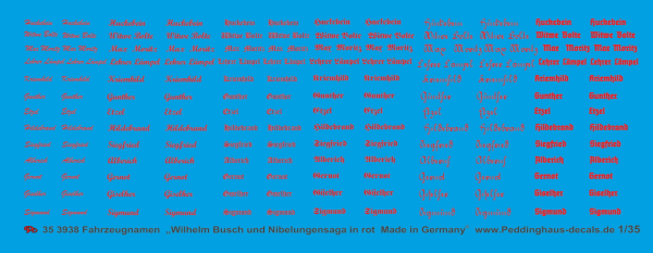 Peddinghaus-Decals 1:35 3938 vehicle names " Wilhelm Busch und Nibelungensaga in red