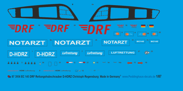 Peddinghaus-Decals 1/87 ep 3956 EC 145 DRF Rettungshubschrauber D-HDRZ Christoph Regensburg