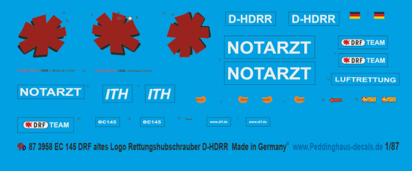 Peddinghaus-Decals 1/87 ep 3958 EC 145  DRF altes Logo Rettungshubschrauber D-HDRR
