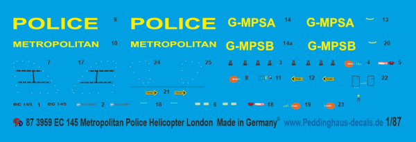 Peddinghaus-Decals 1/87 ep 3959 EC 145 Metrpolitan Police Helicopter London