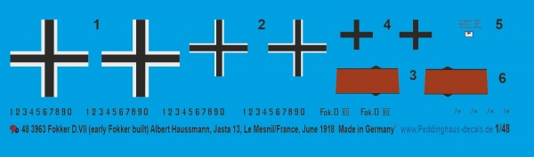 Peddinghaus-Decals 1/48 3963 Fokker D.VII (early fokkerbulit) Albert Haussmann, Jasta 13, Le mesnil/France, June 1918