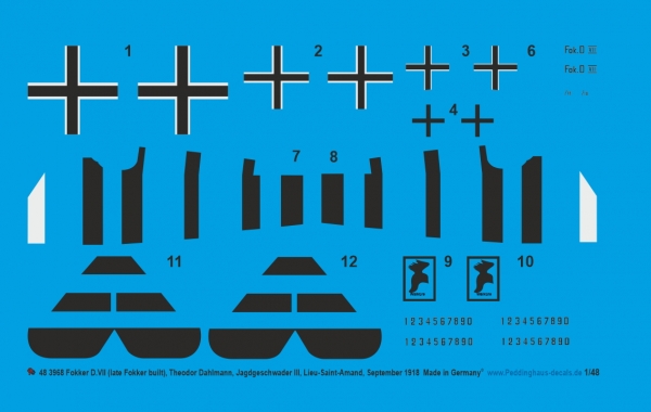 Peddinghaus-Decals 1/48 3968 Fokker D.VII  (late fokker built),Theodor Dahlmann, Jagdgeschwader III, Lieu-Saint-Amand, September 1918