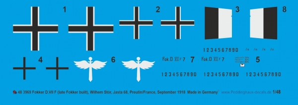 Peddinghaus-Decals 1/48 3969 Fokker D.VIIF (late Fokker built),  Wilhelm Stör, Jasta 68, Preutlin/France, September 1918
