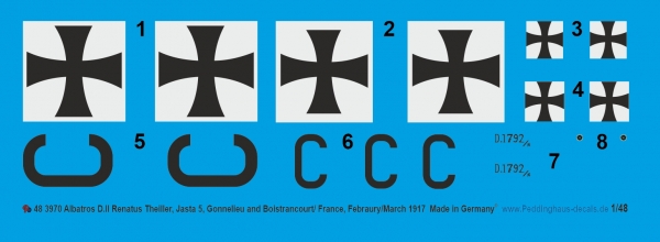 Peddinghaus-Decals 1/48 3970 Albatros D.II Renatus Theiller, Jasta 5, Gonnelieu and Boistrancourt/France, Febvruary/March 1917