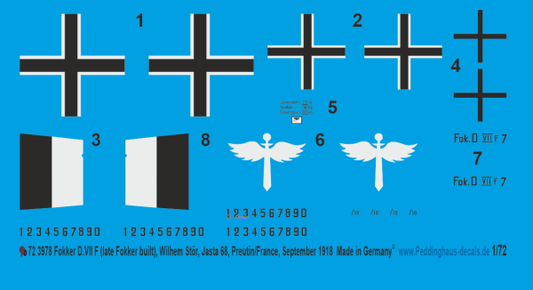 Peddinghaus-Decals 1:72 3978 Fokker D.VIIF (late Fokker built),  Wilhelm Stör, Jasta 68, Preutlin/France, September 1918
