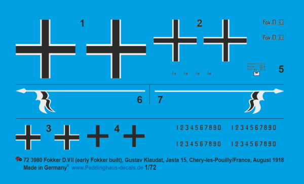 Peddinghaus-Decals 1:72 3980 Fokker D.VII (early Fokker built), Gustav Klaudat, Jasta 15, Chery-les-Pouilly/France, August 1918