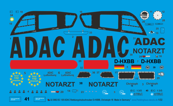 Peddinghaus-Decals 1:32 3982 EC 135 ADAC Rescuehelicopter D-HXBB Christoph 18