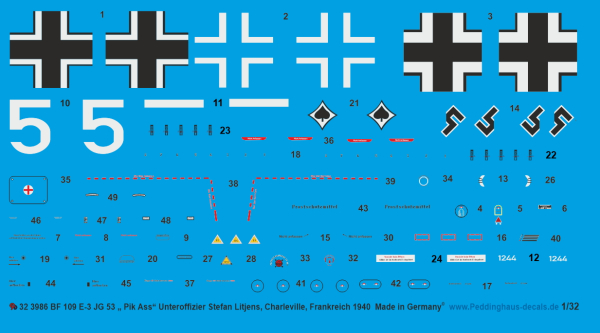 Peddinghaus-Decals 1:32 3986 Bf 109 E-3 Unteroffizier Stefan Lijens, JG 53 PIK Ass , Charleville, Frankreich 1940